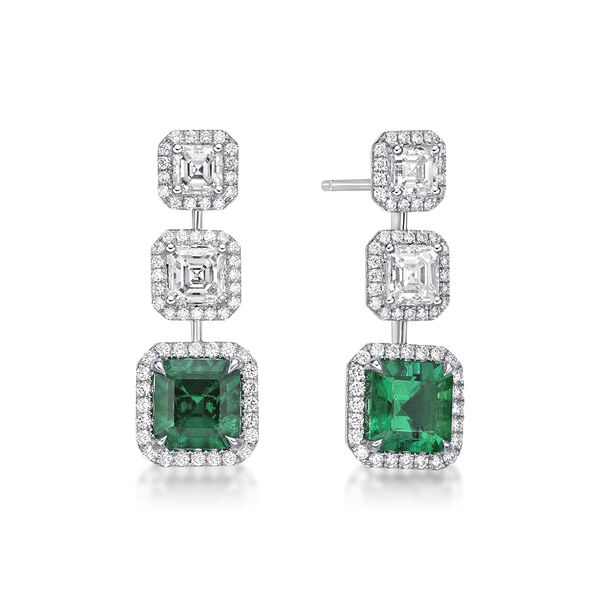 Octagon Emerald and Diamond Drop Earrings